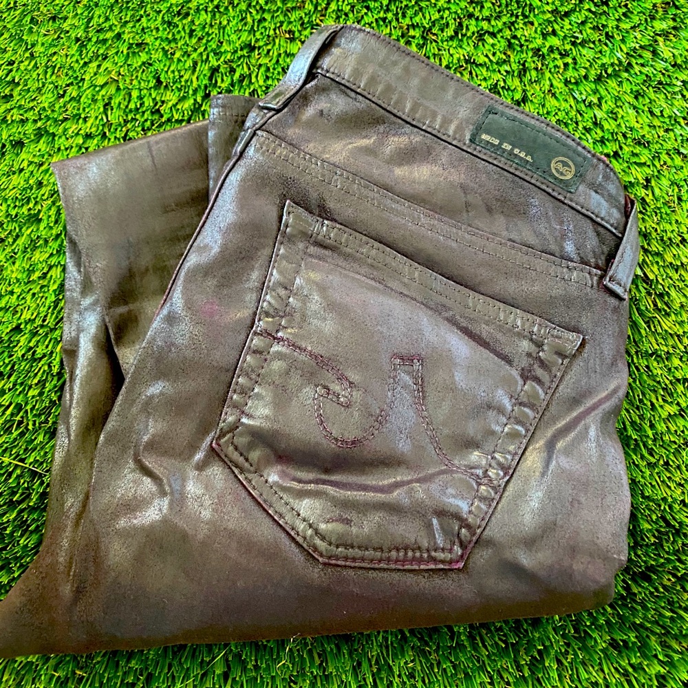 AG coated eggplant skinny leather-like jeans sz 27